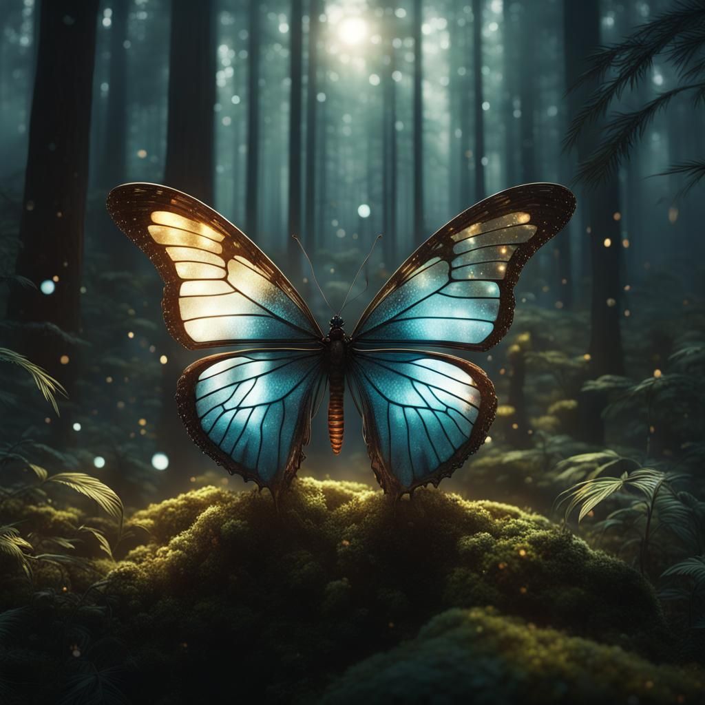 Glass Butterfly in Forest, Detailed Photorealistic Render