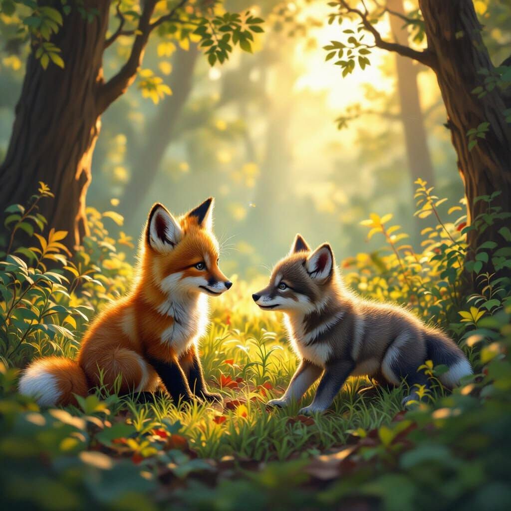 Fox and Wolf Pups Playing in Golden Forest