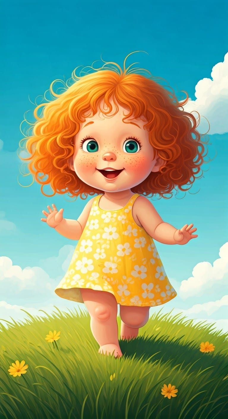 Whimsical Red Haired Toddler Plays in Sunny Meadow