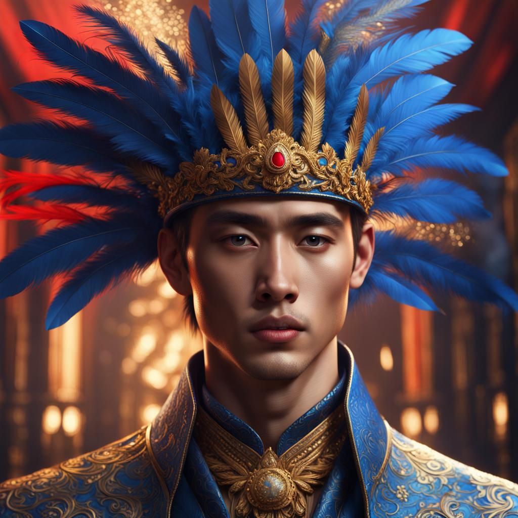 Asian Man with Feather Boa, Digital Art