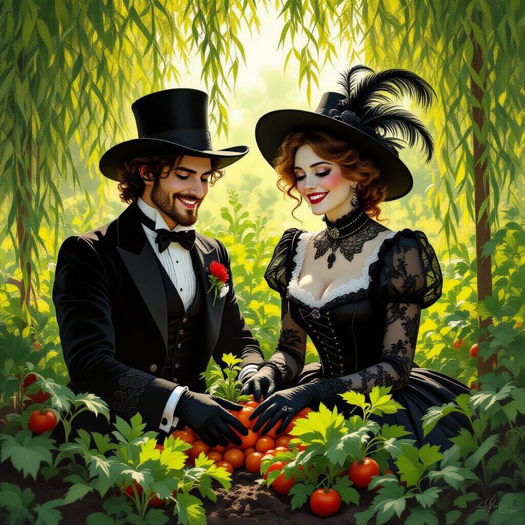 Goth Couple Tending Sunlit Garden in Victorian Style