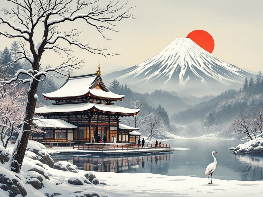 Japanese Temple in Serene Winter Landscape with Mount Fuji