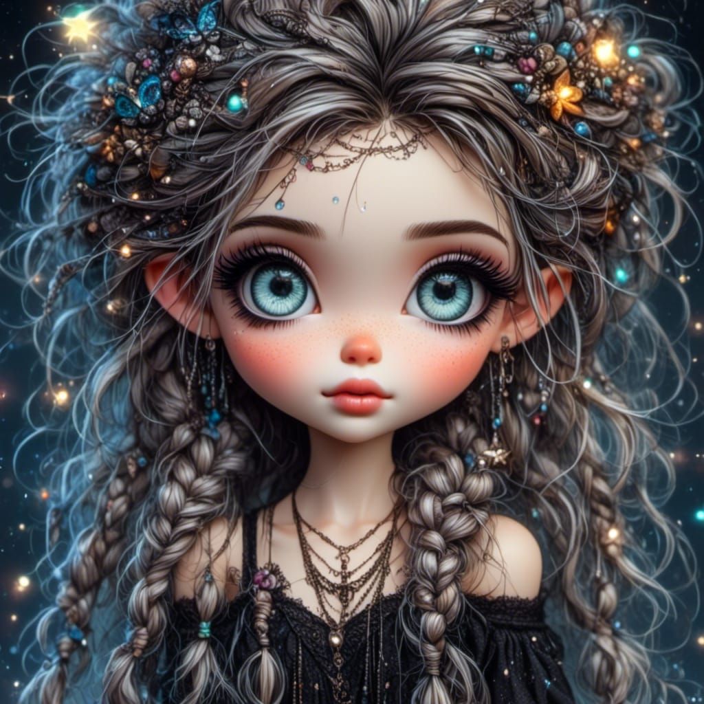 Adorable Witchy Pixie Girl in Starry Night