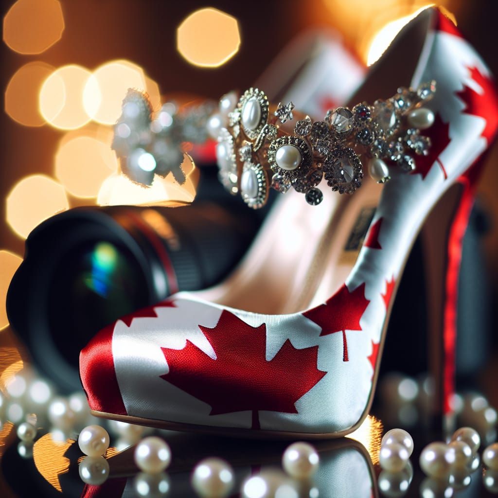 Canadian flag satin stilettos , trimmed in crystals, beads, pearls Professional photography, bokeh, natural lighting, c...