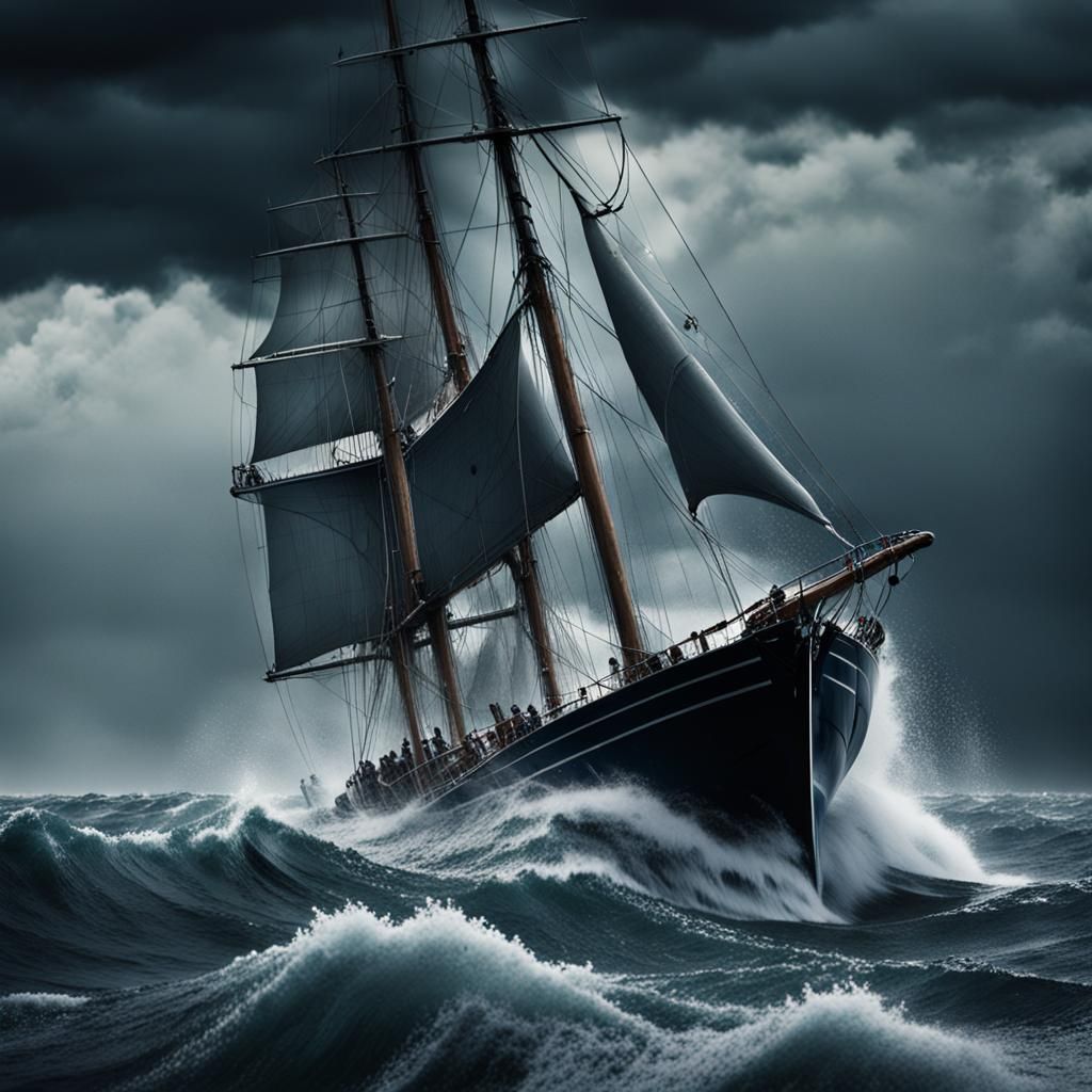 Sailboat in Furious Storm on Rough Sea