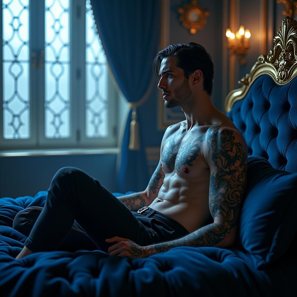 Striking Vampire Portrait in Lavish Gothic Bedroom