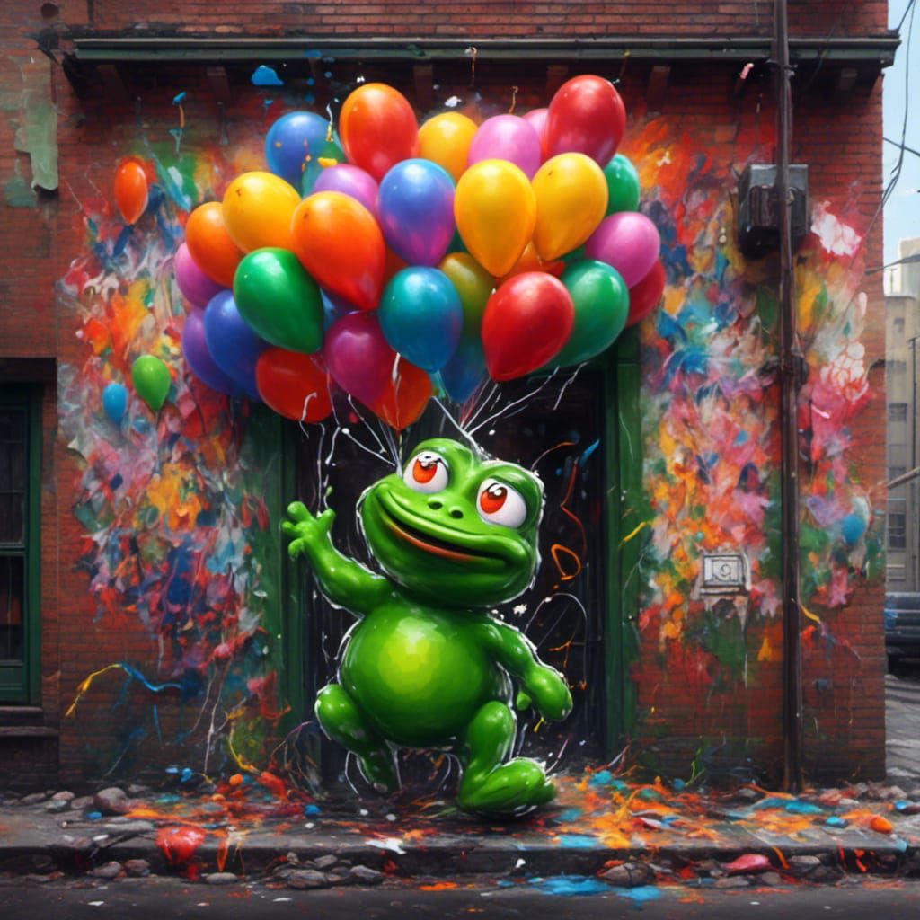 Green Pepe's Happy Balloon Party in Graffiti Art