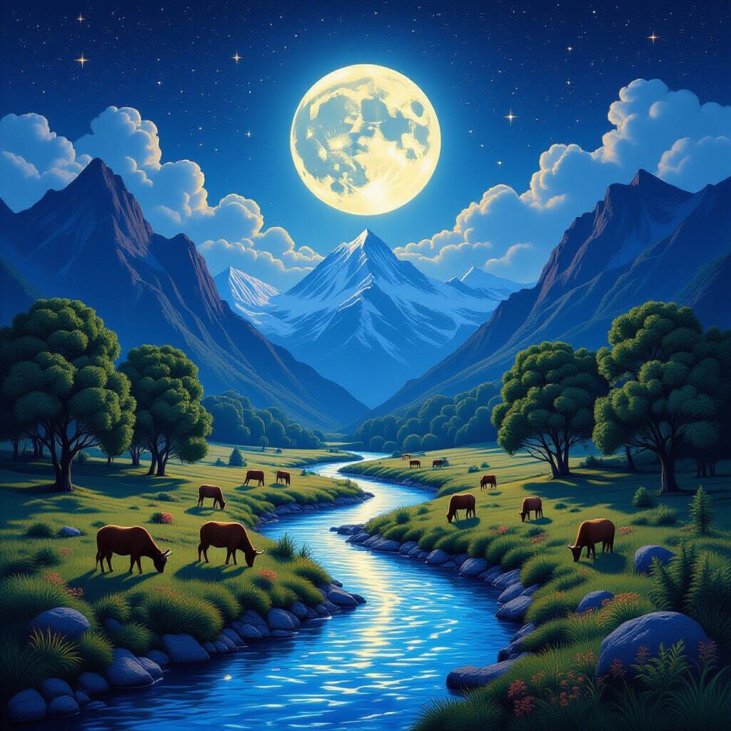 Scenic River Landscape with Moon, in Astral Illustration