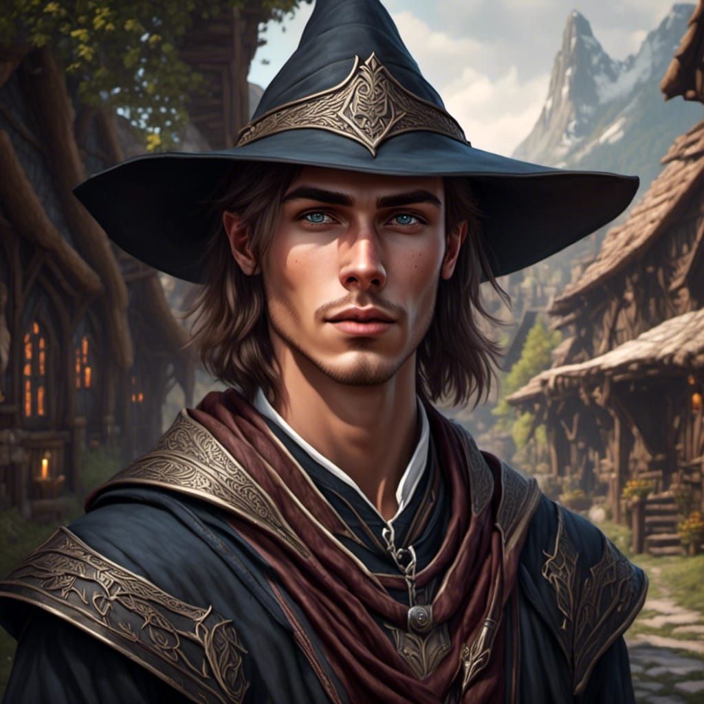 Fantasy Mage Portrait in Skyrim Village