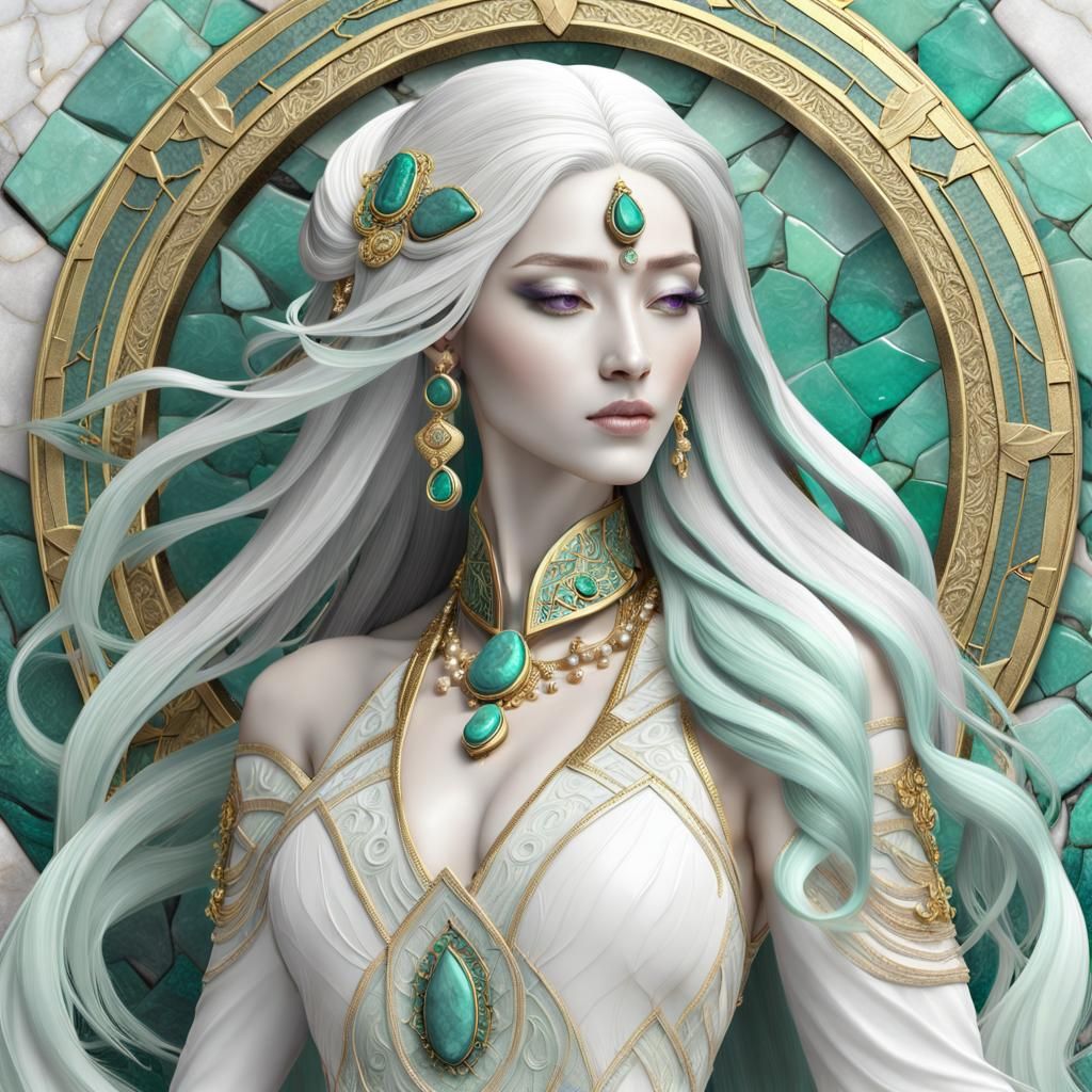 Priestess Portrait with Flowing Hair and Gemstone Background