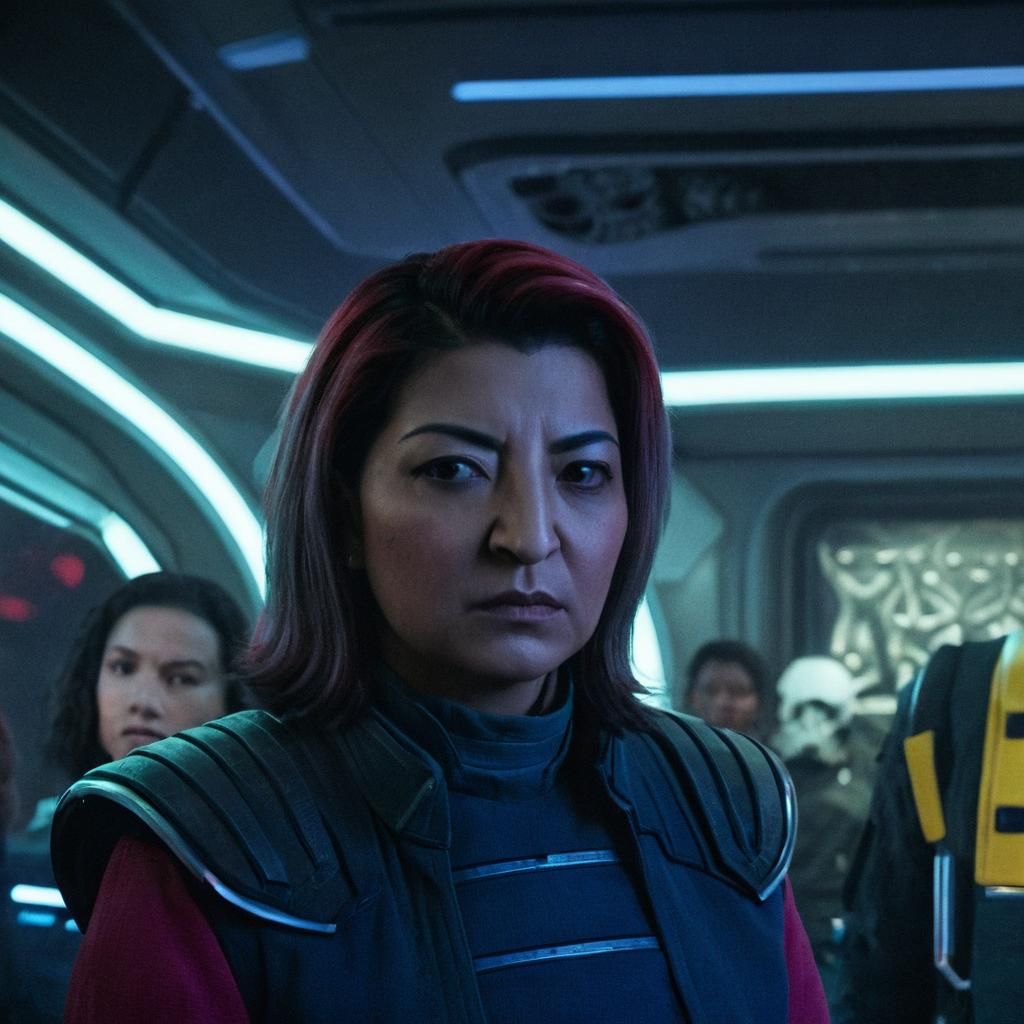 Captain on Spaceship Interior with Neon Lighting