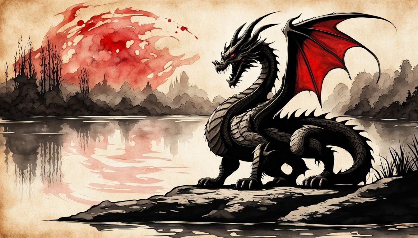 Steampunk Dragon Silhouette in Ink Painting Style