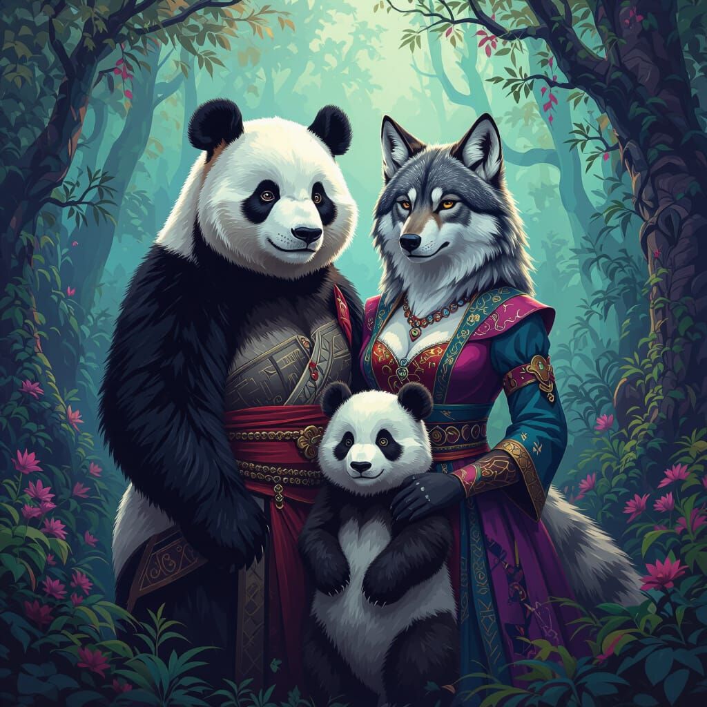 Panda and Wolf Family in Mystical Forest, Fantasy Art