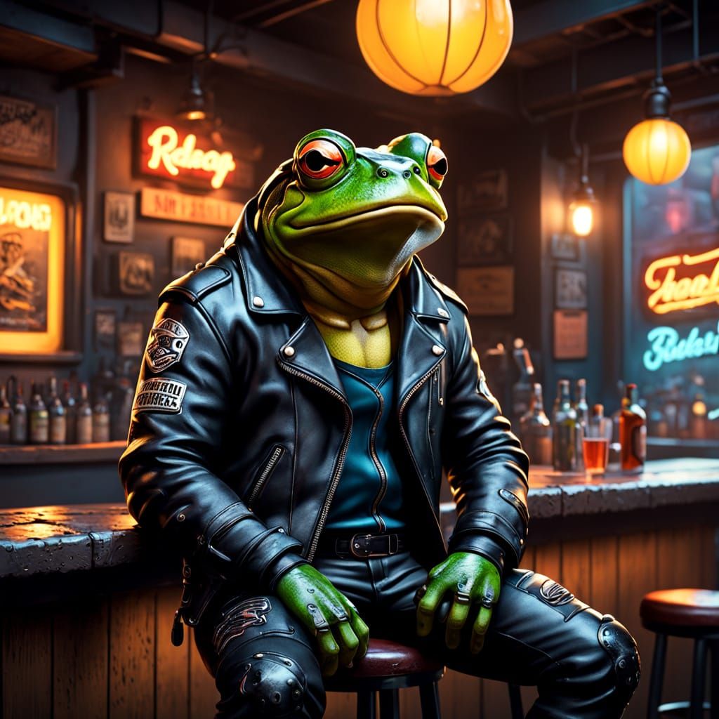 Low-Poly Bullfrog Biker Sits at Dimly Lit Bar