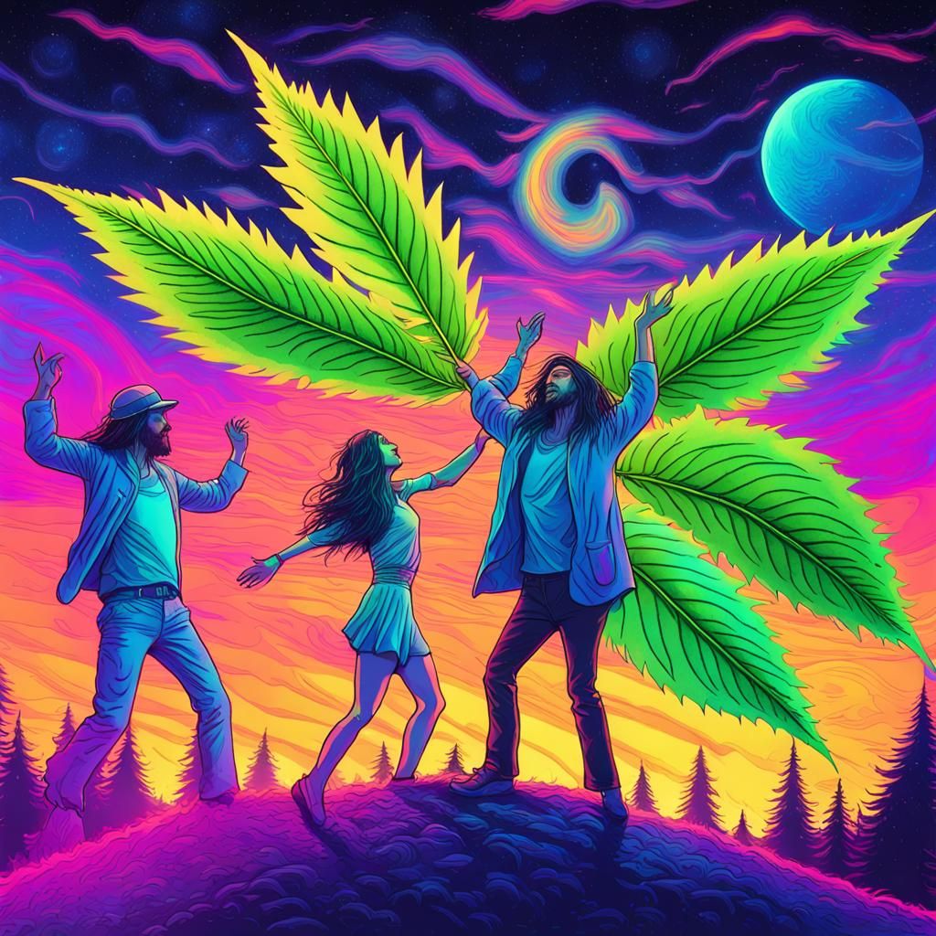Psychedelic Hippie Dance with Cosmic Marijuana Leaf