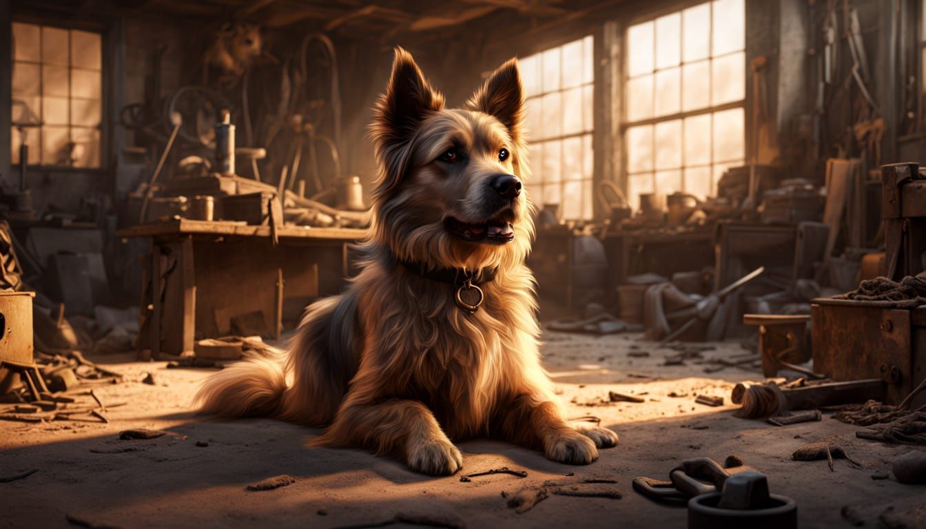 Concept Art Dog Rust in Dusty Workshop