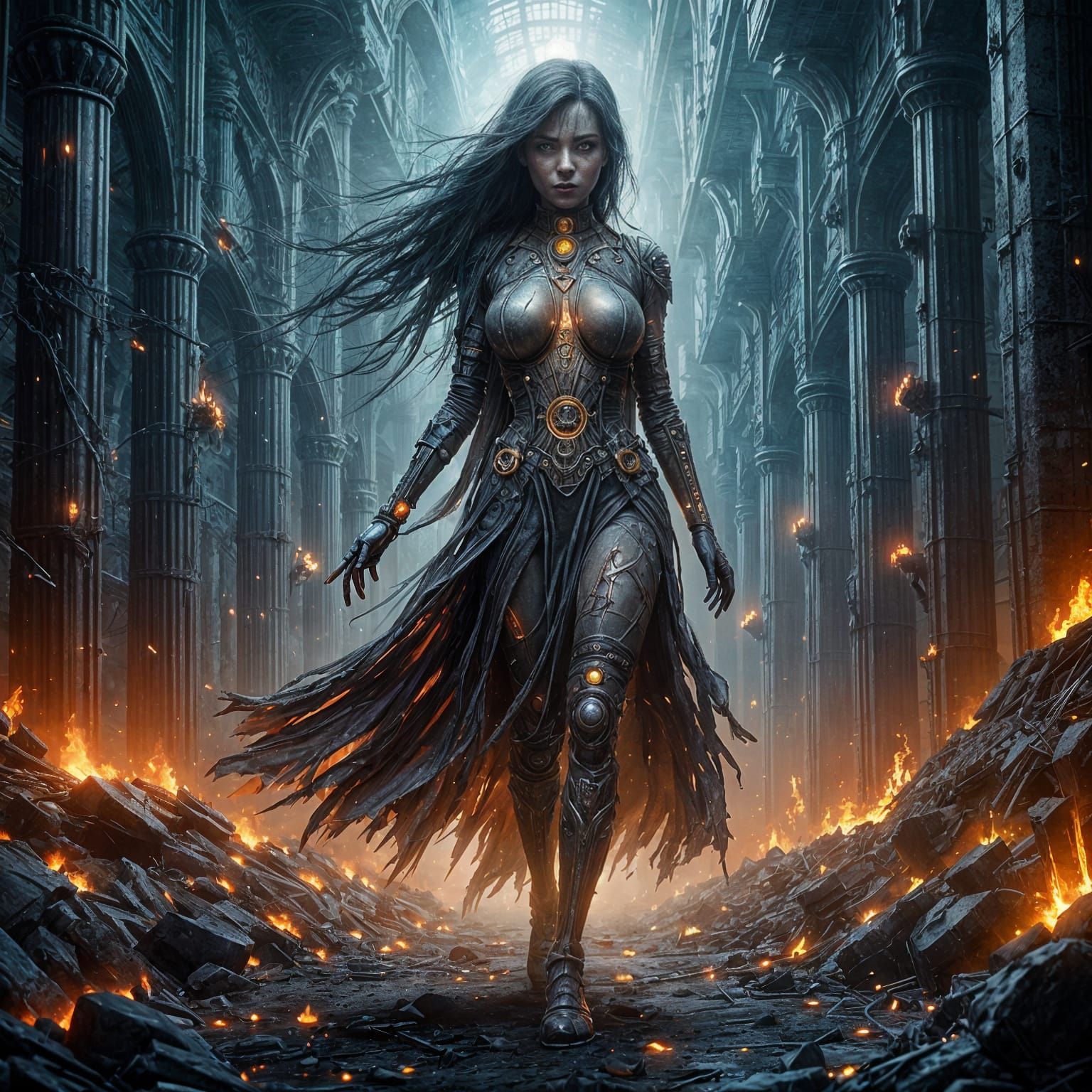 Steampunk Figure Navigates Glowing Ruined Landscape