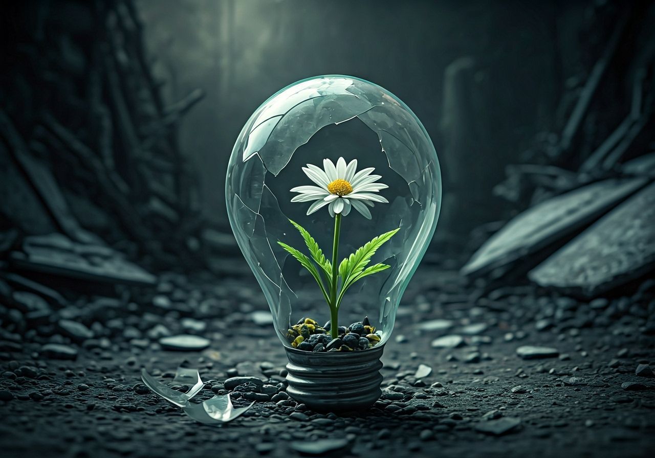 Single Flower Blooms in Post-Apocalyptic Lightbulb