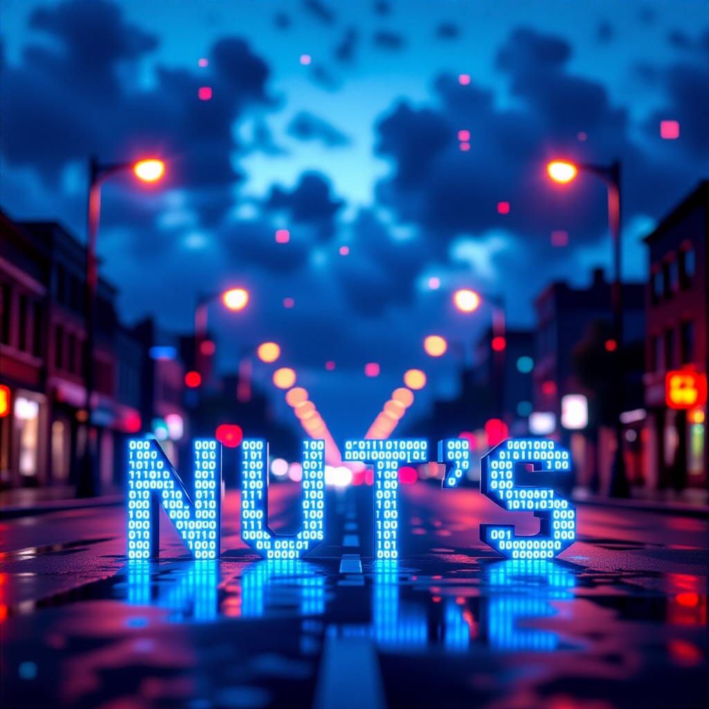 Cyberpunk City Street With Binary Code "NUT'S" At Night