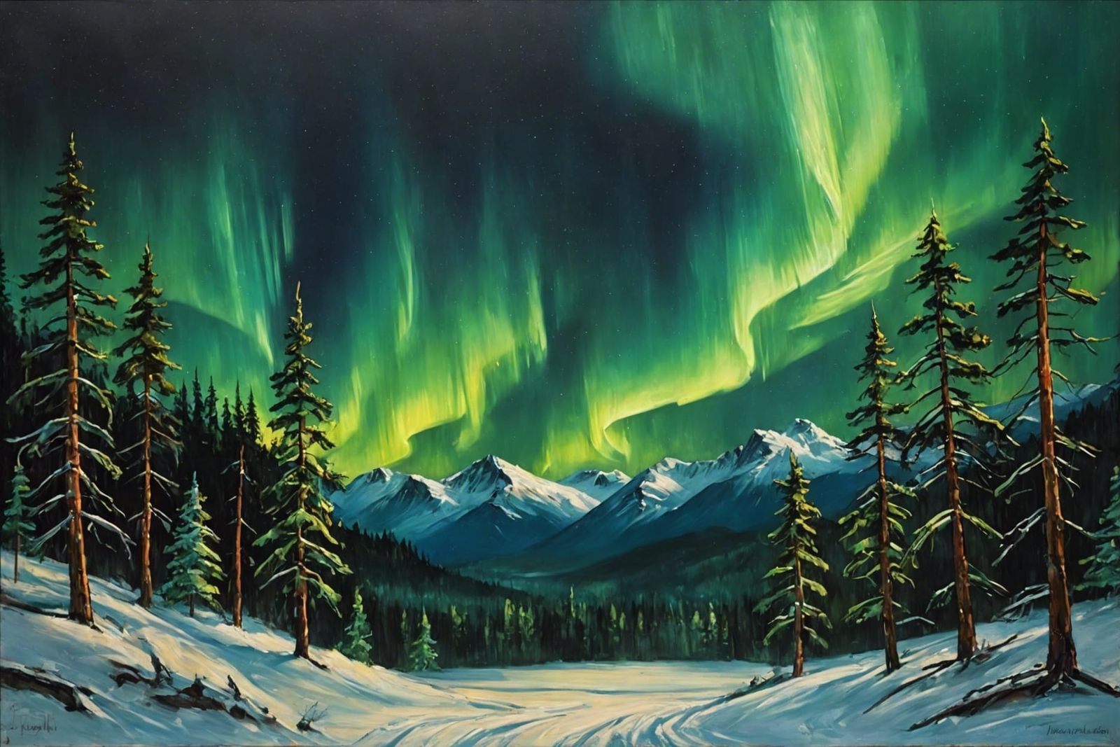 Northern Lights Oil Painting in Winter Forest