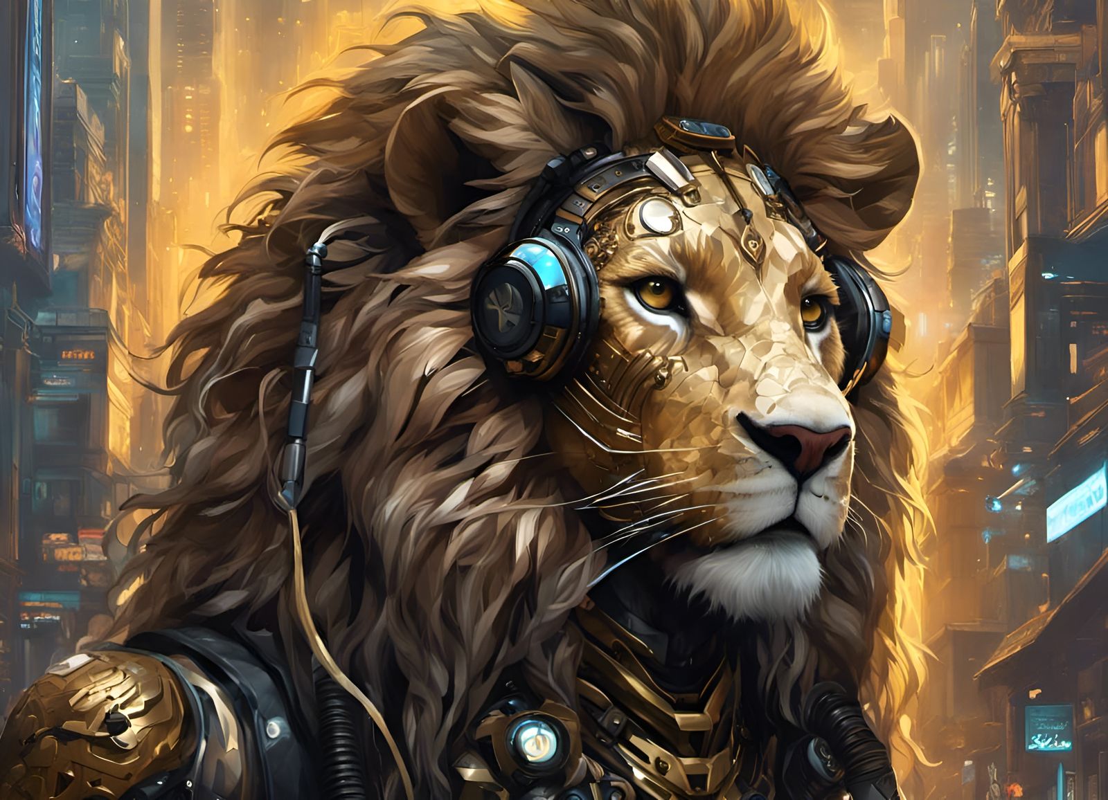 Cyberpunk Lion Portrait in Black and Gold