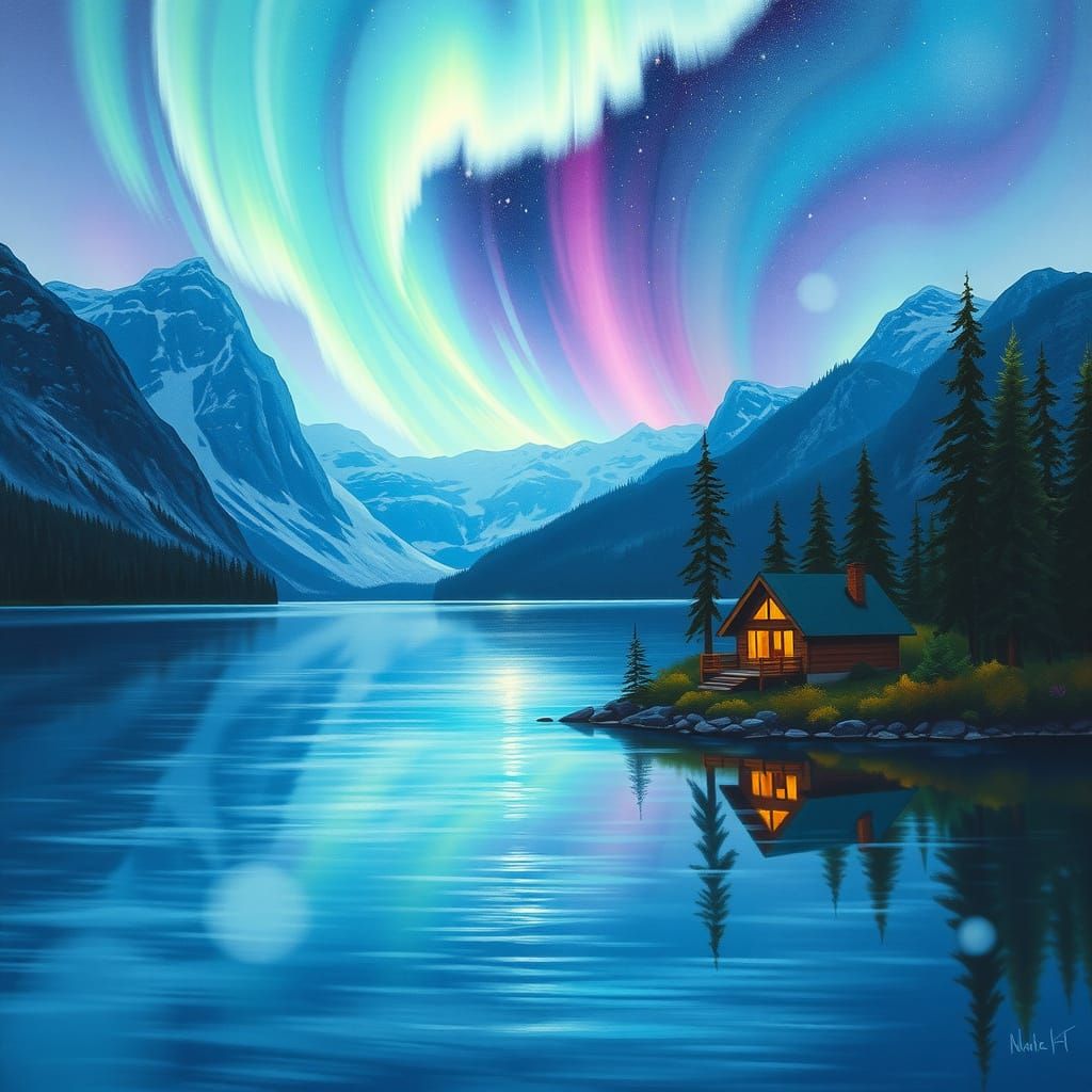 Serene Cabin Scene with Northern Lights