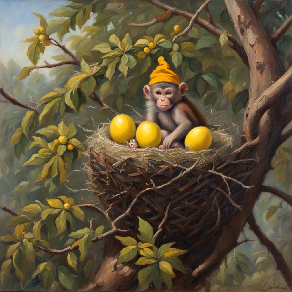 Monkey in Christmas Hat near Bird Nest