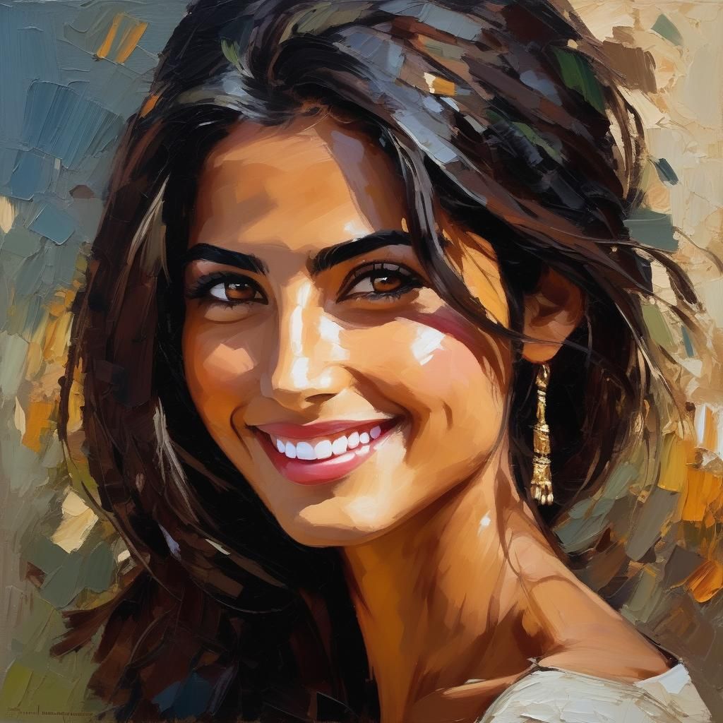 Smiling Palestinian Woman: An Impasto Portrait
