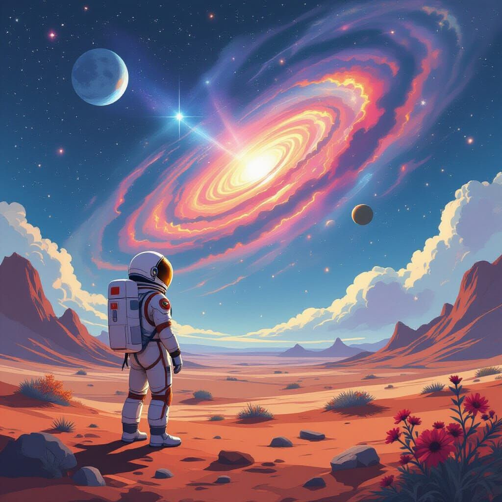 Astronaut Gazes at Nebula in Dreamy Alien Landscape