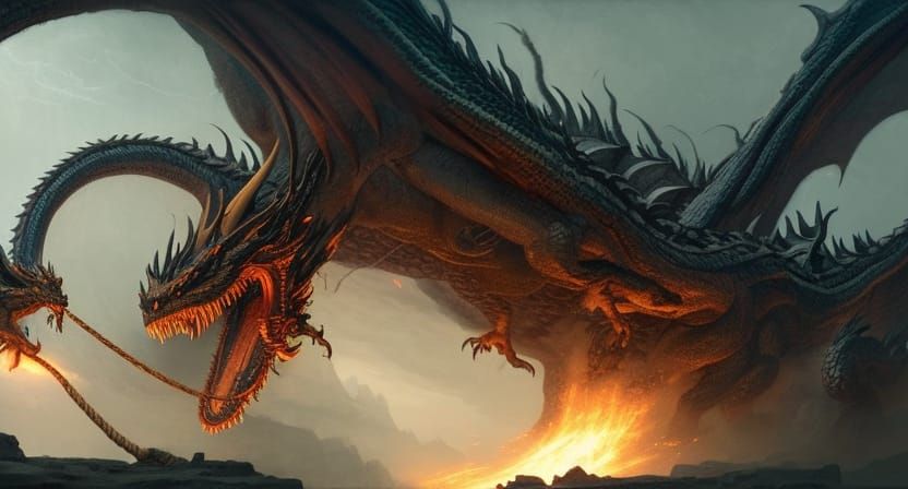Giant Dragon Pulled Down by Humans: Dark Fantasy Art