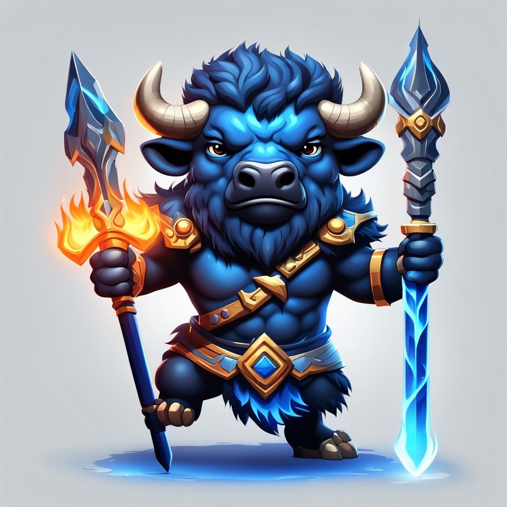 Cute Bison Character with Trident and Sword in 3D