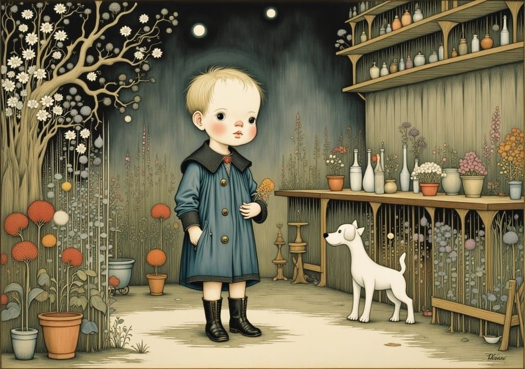 Toddler and Dog in Kitchen, Intricate Watercolor Art