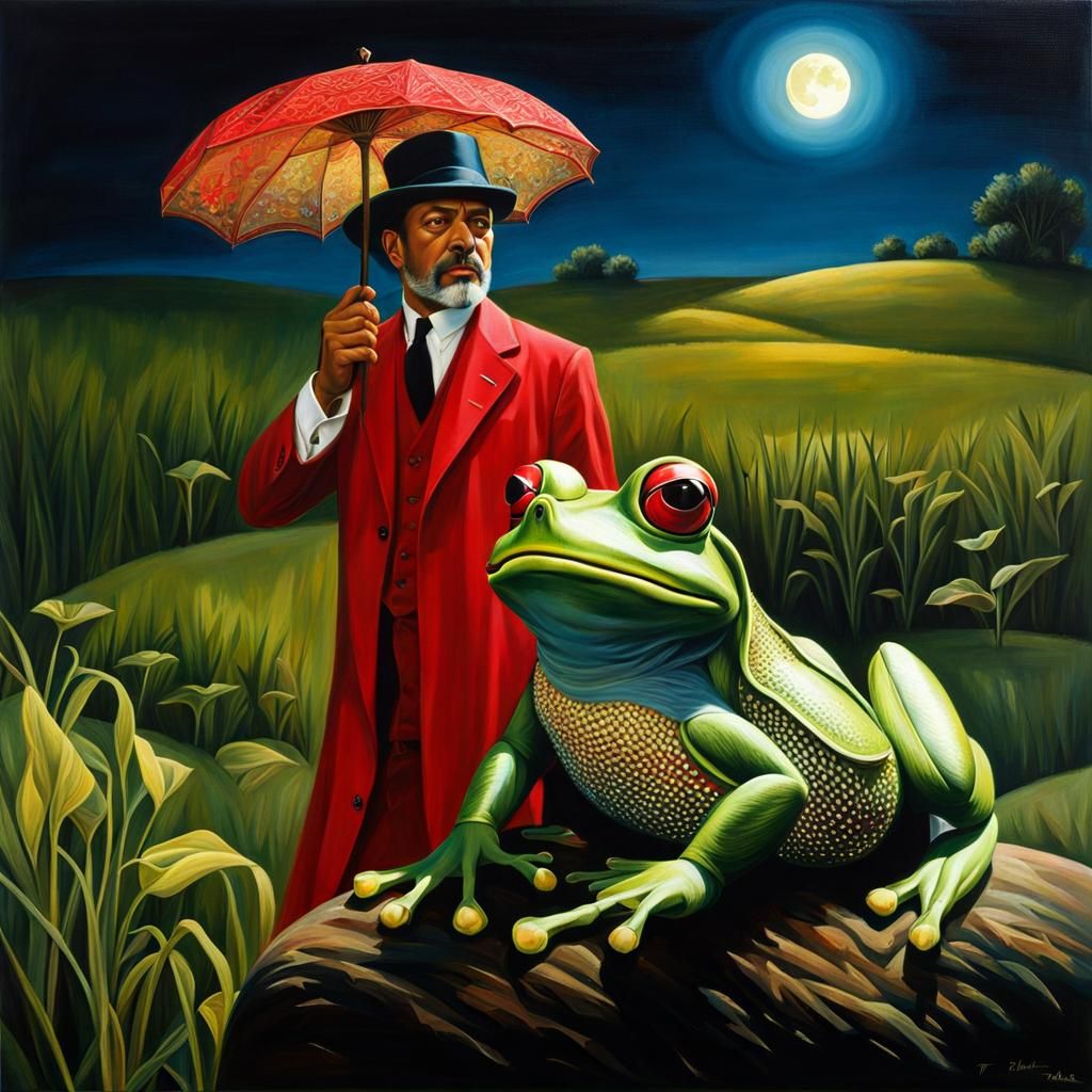 Hyperrealistic Zorba and Frog in Moonlight
