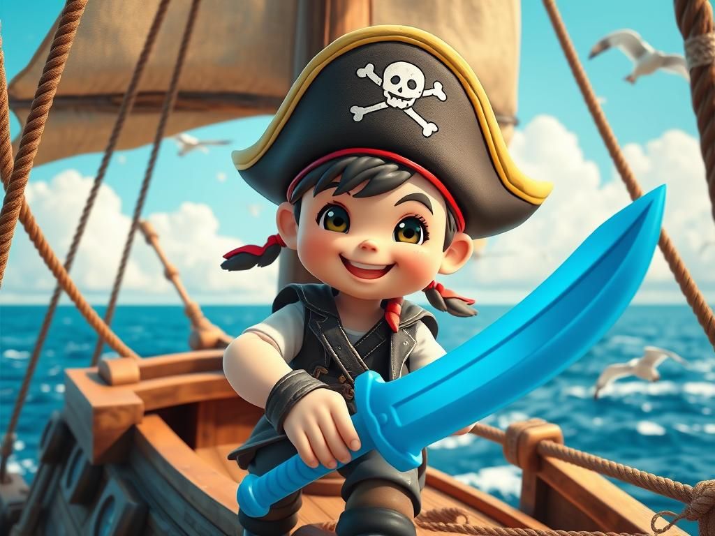 Chibi Pirate Kid on Ship in Hyperrealistic Style