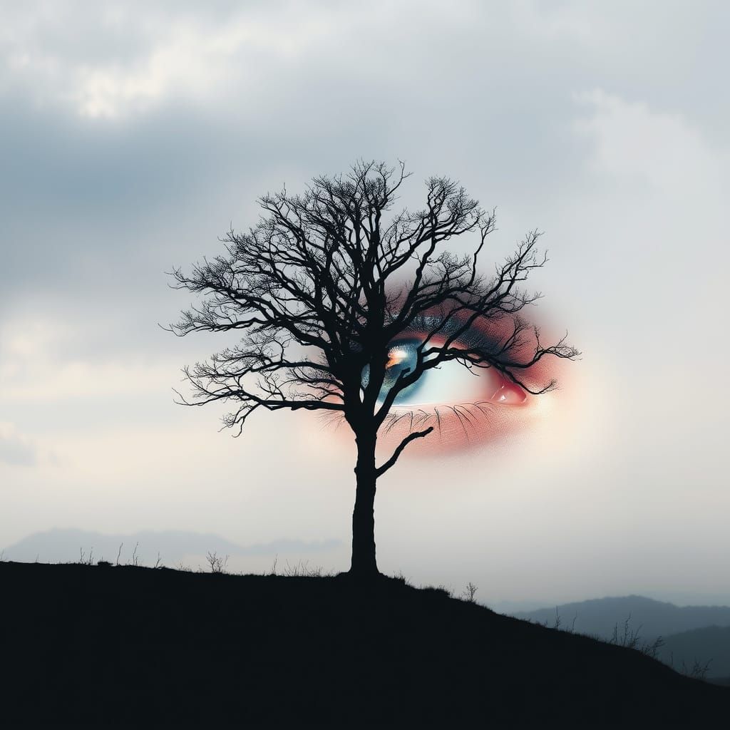 Tree Absorbs Human Sorrow in Haunting Double Exposure