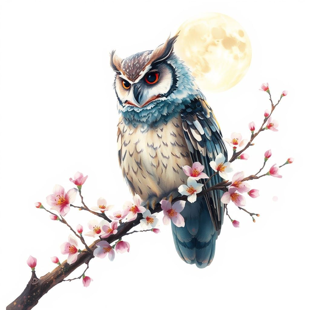 Whimsical Owl Amidst Pastel Blooms Under Moonlight