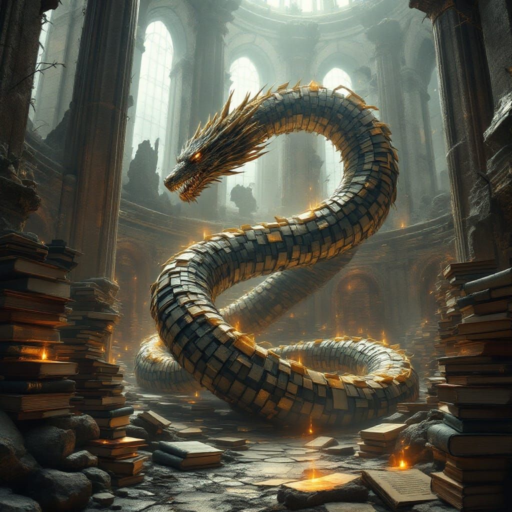 Gargantuan Serpent Uncoils in Ravaged City Library