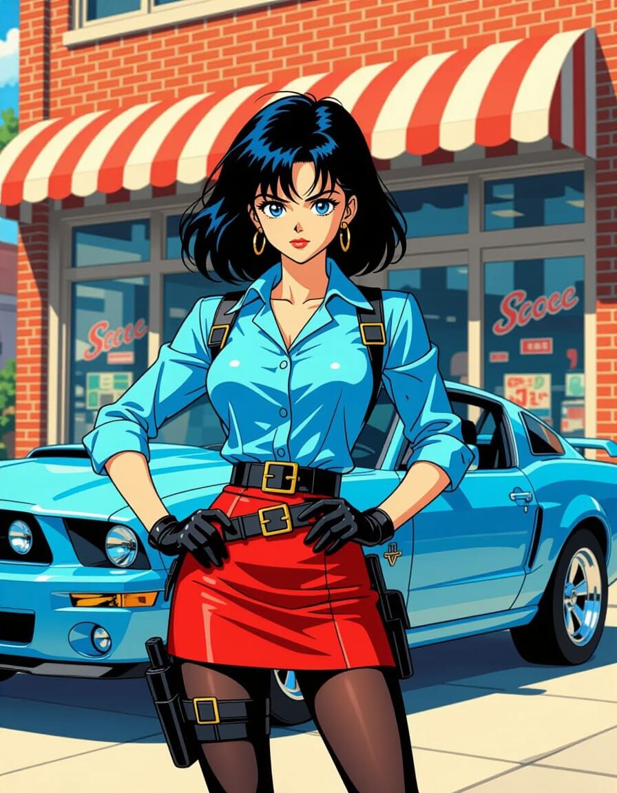 1990s Anime art style female with exaggerated Bob style, black hair and blue eyes. Wearing a light blue collared blouse ...
