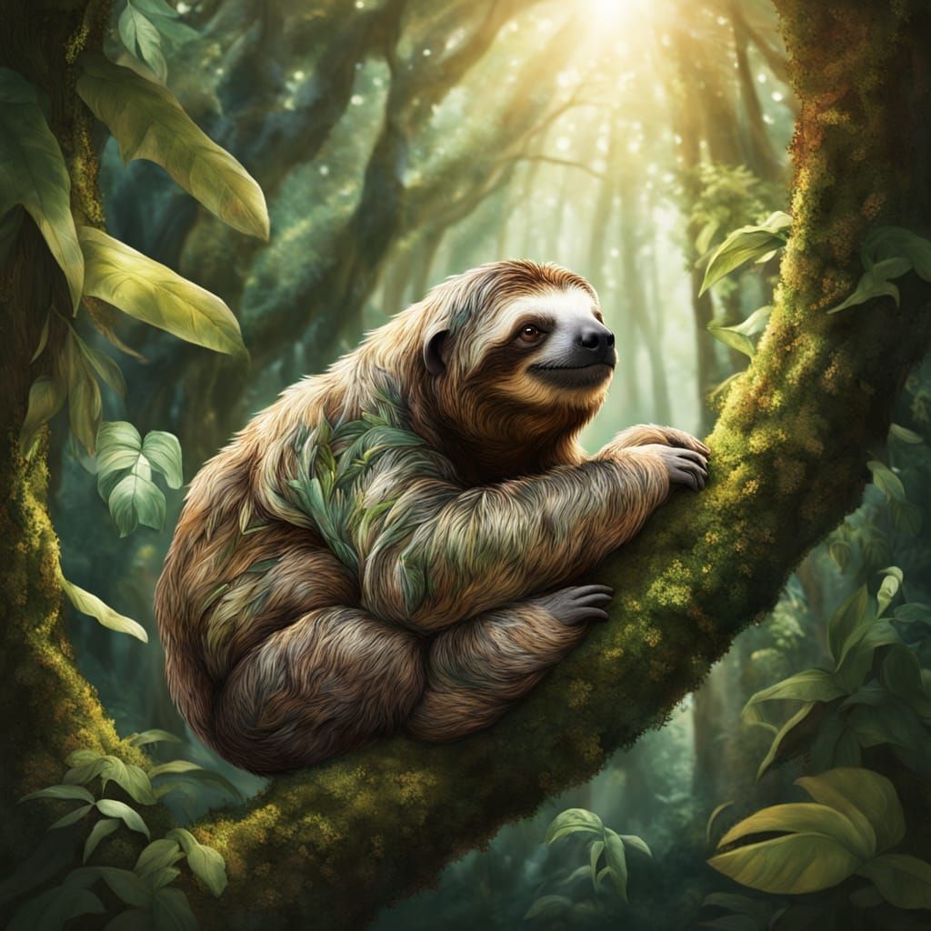 Whimsical Sloth Naps in Enchanted Rainforest Canopy