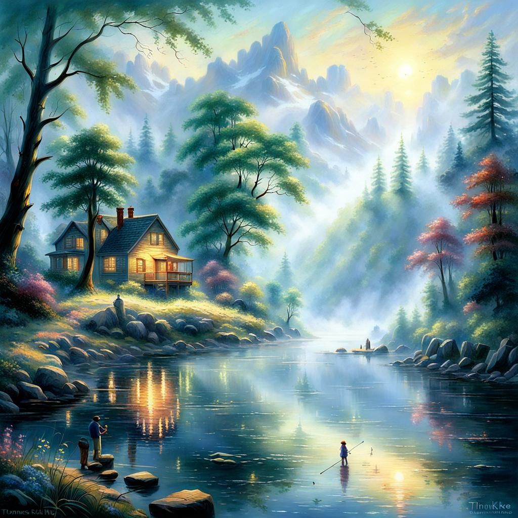 Father and Daughter Fishing at Sunrise: Ethereal Fantasy