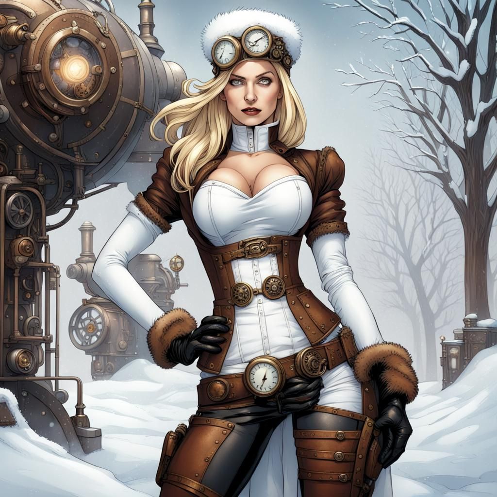 Emma Frost in a steampunk winter wonderland