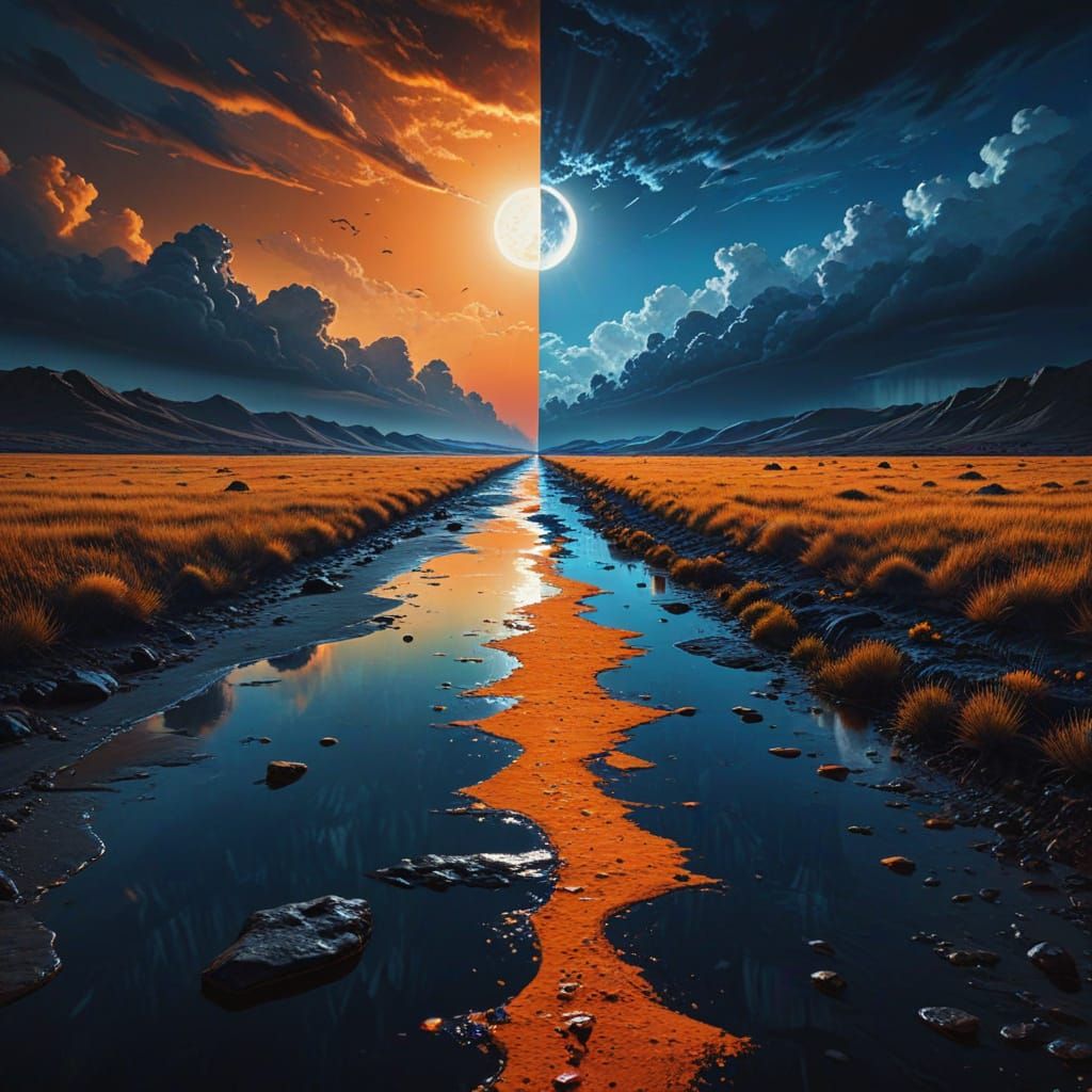 Surreal Landscape Divided by Day and Night