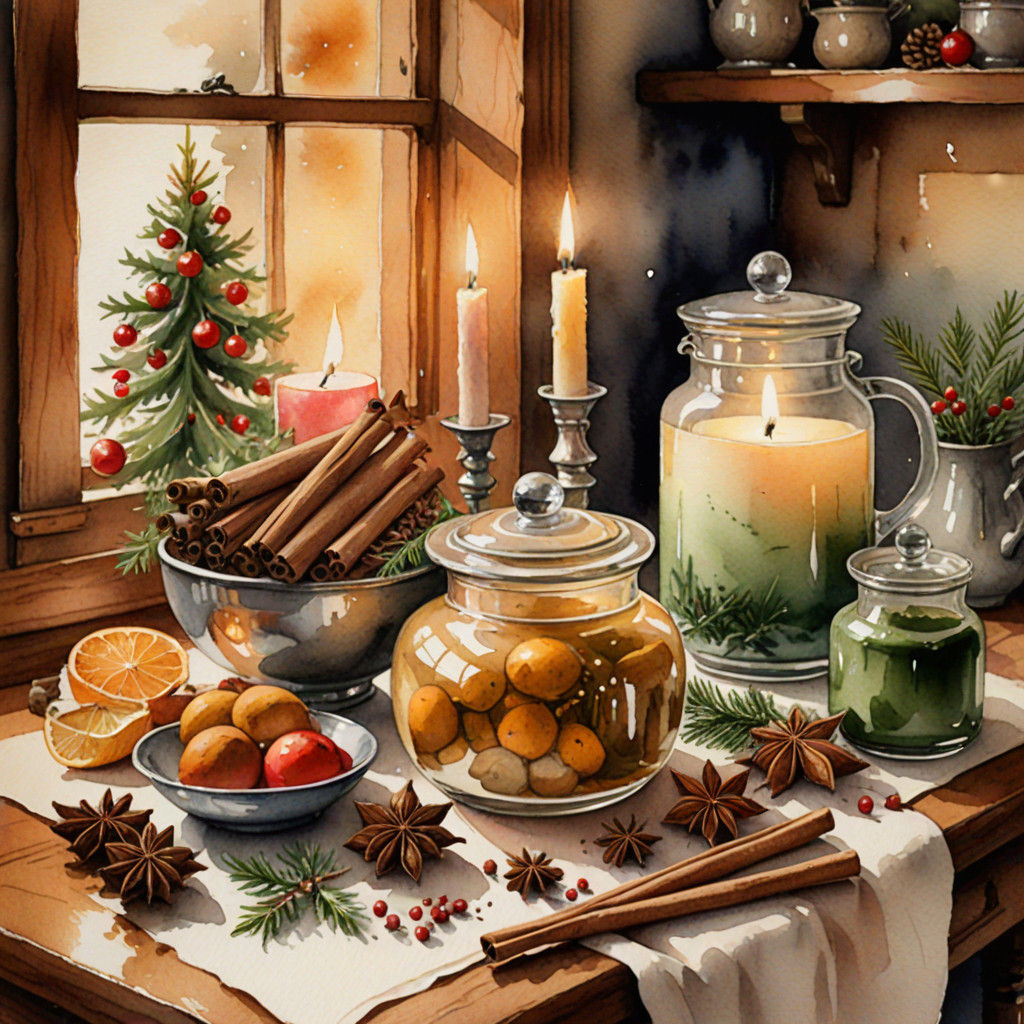 lora:Antique Watercolor 2:1.1
Christmas kitchen still life spices, candle decorations in antique watercolor sasser loish...