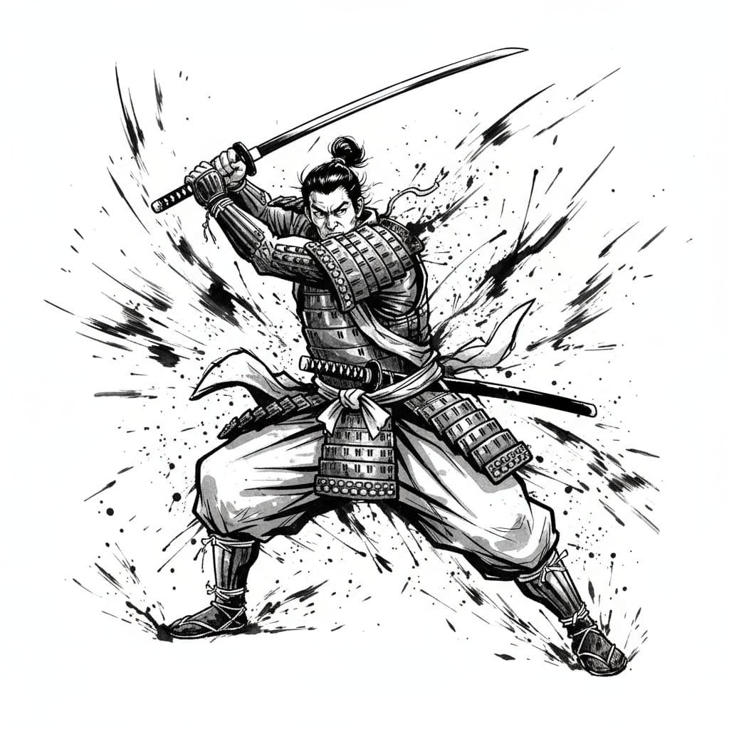 Monochrome Samurai Battle Illustration with Expressive Brush...