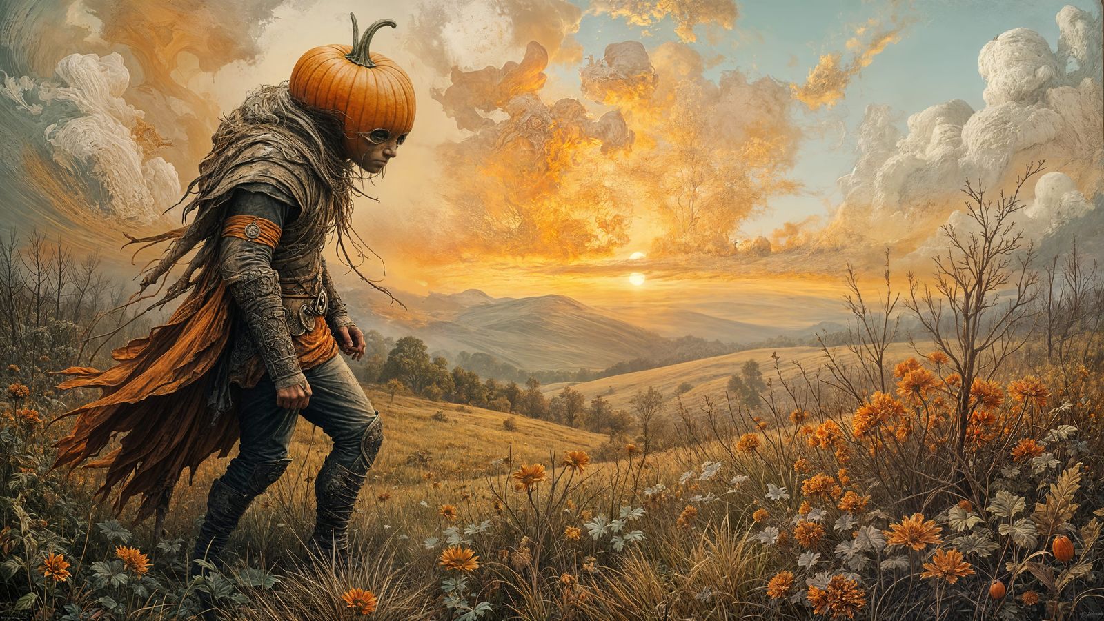 Surreal Anthropomorphic Pumpkin Walks Through Sunset Field