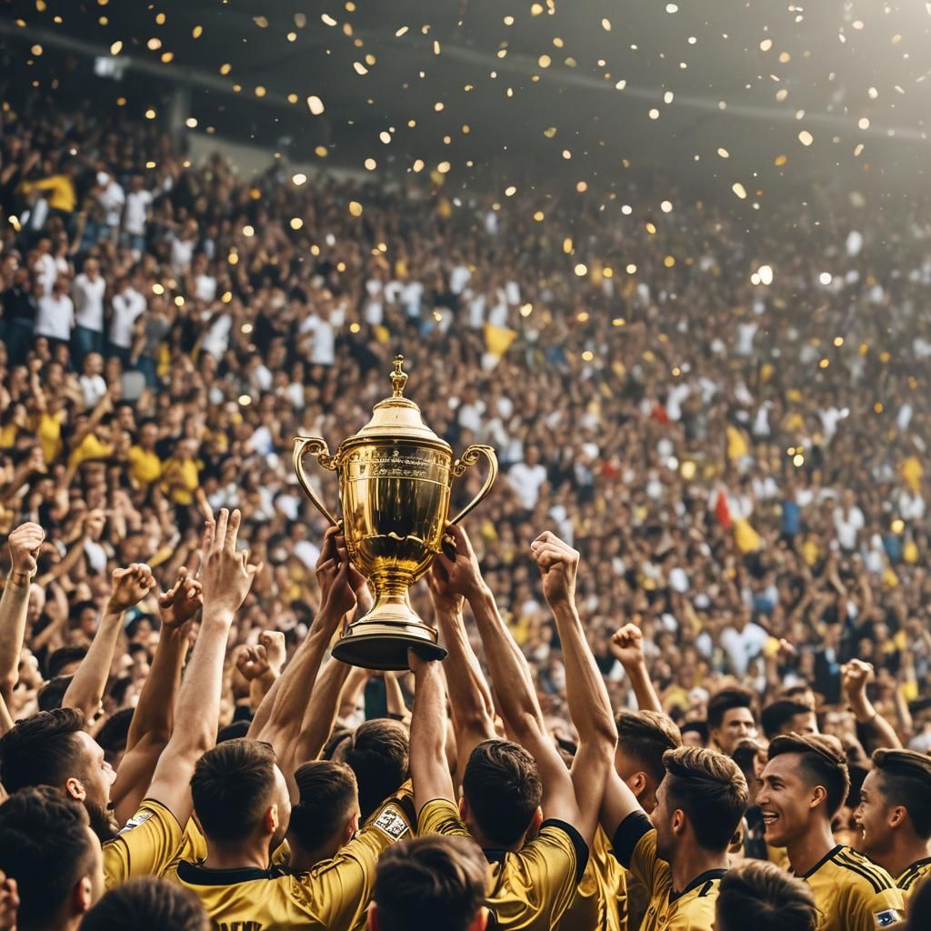Soccer Player Celebrates Victory with Golden Cup