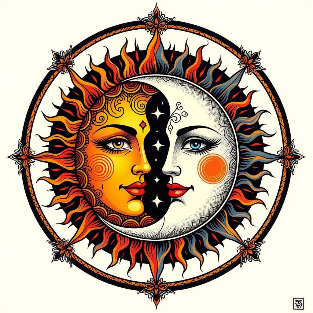 Sun and Moon Tattoo Design with Bold Lines