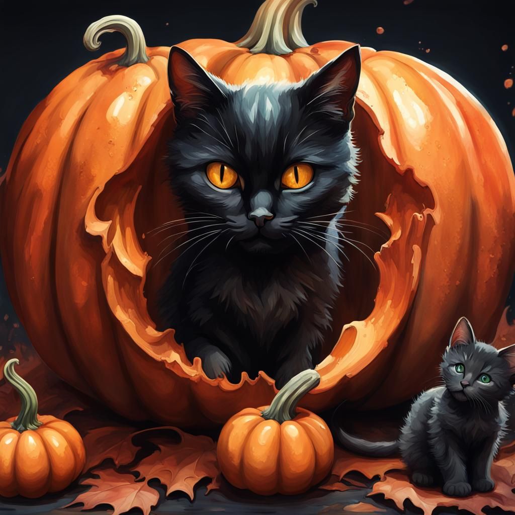 Black Cat Pumpkin Patch in Watercolor Style