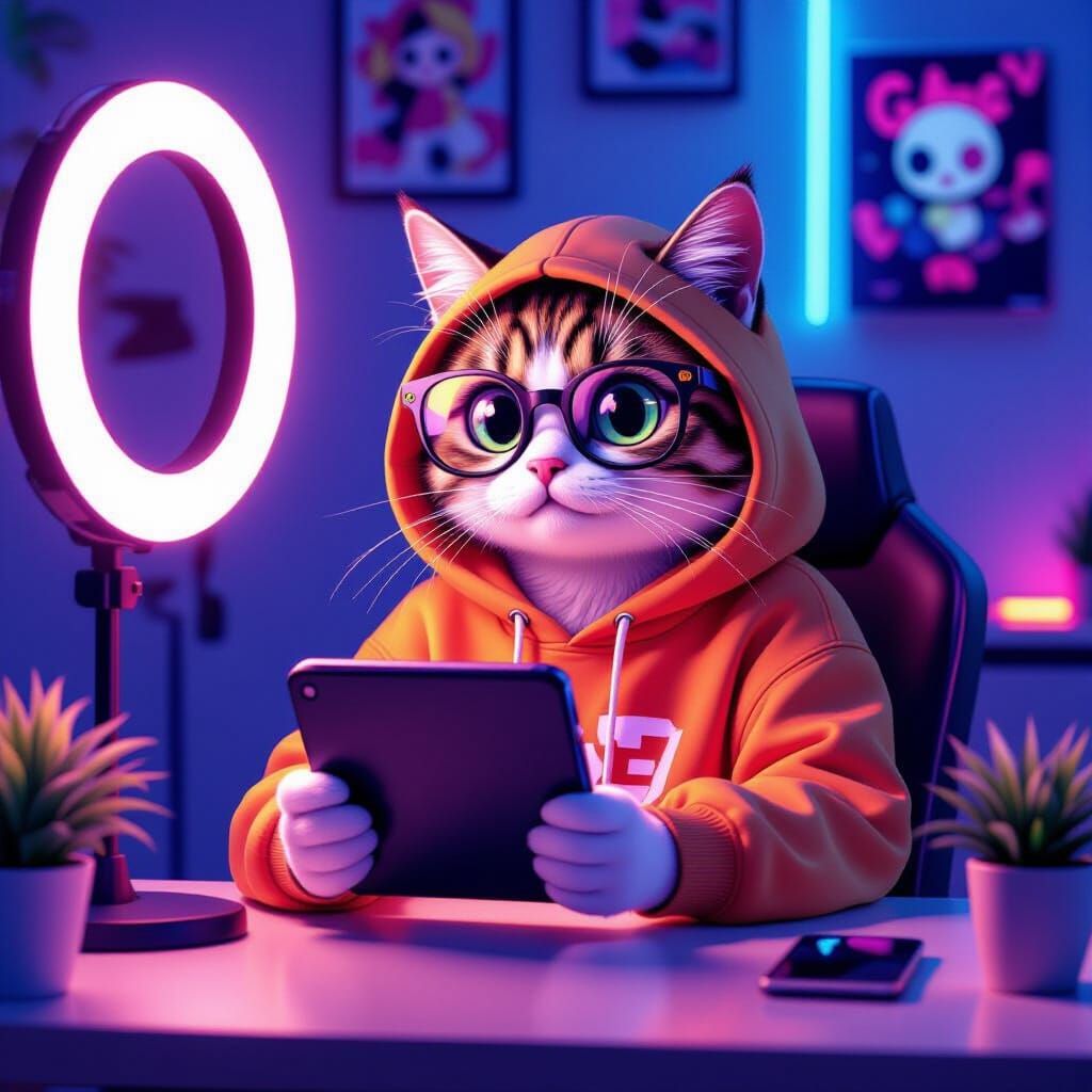 Gen Z Cat Vlogger in a Takashi Murakami Style Room