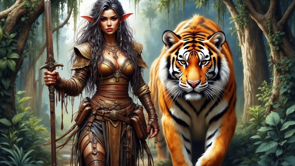 Warrior Elf Woman with Tiger Companion